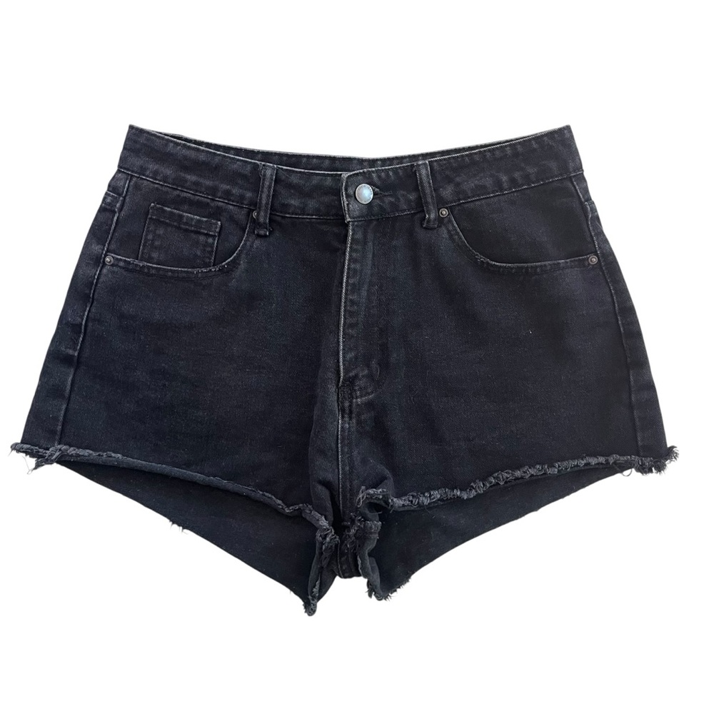 Black Faded Wash Denim Womens Sz Large Cut-Off Frayed Raw Hem Jean Shorts Grunge